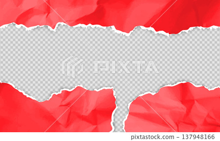 Red torn paper frame top and bottom edges with empty space background, vector ripped horizontal page crumpled texture Red torn paper frame top and bottom edges with empty space background, vector ripped horizontal page crumpled texture 137948166