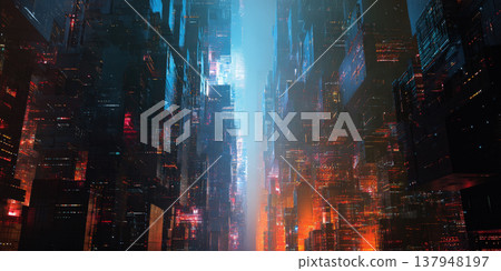 Futuristic Cyberpunk Mega City Concept Art Featuring Glowing Digital Infrastructure, Massive High-Tech Skyscrapers, Abstract Data Architecture, and Luminous Orange and Blue Neon Lights in Deep Space Futuristic Cyberpunk Mega City Concept Art Featuring Glowing Digital Infrastructure, Massive High-Tech Skyscrapers, Abstract Data Architecture, and Luminous Orange and Blue Neon Lights in Deep Space 137948197