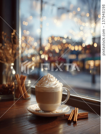 Cozy Winter Atmosphere Featuring a Delicious Hot Latte Topped with Thick Whipped Cream and Cinnamon Powder on a Wooden Table by a Window with Beautiful Golden Bokeh City Lights in the Background Cozy Winter Atmosphere Featuring a Delicious Hot Latte Topped with Thick Whipped Cream and Cinnamon Powder on a Wooden Table by a Window with Beautiful Golden Bokeh City Lights in the Background 137948198