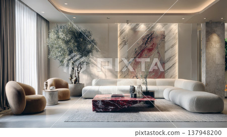 Modern luxury living room interior design with large white modular sofa red marble coffee table olive tree in pot and abstract wall art for contemporary high-end residential apartment architecture 137948200