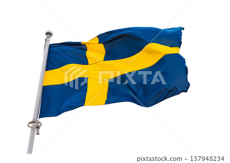 The national flag of Sweden isolated on a clean white background. Swedish flag cutout on white 137948234