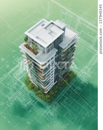 Modern Residential Apartment Building 3D Architectural Model Visualization on Green Blueprint Background High Rise Luxury Condominium with Rooftop Garden and Sustainable Green City Design Concept 137948345