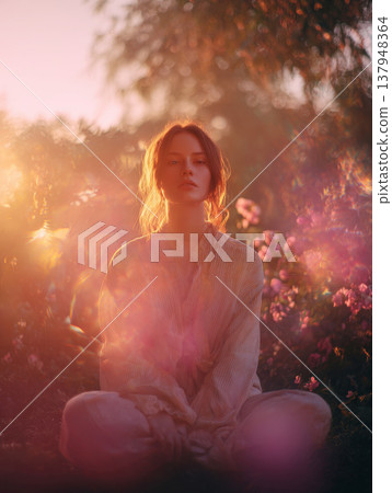Beautiful Young Woman Sitting in a Lush Flower Garden During Dreamy Golden Hour Sunset with Soft Lens Flare and Warm Shimmering Bokeh Lights for Concept of Mindfulness Relaxation and Peace of Mind Beautiful Young Woman Sitting in a Lush Flower Garden During Dreamy Golden Hour Sunset with Soft Lens Flare and Warm Shimmering Bokeh Lights for Concept of Mindfulness Relaxation and Peace of Mind 137948364