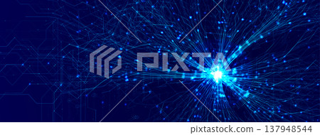 Neuro AI Network, Science Research, Abstract Biotech Transformation, Brain Stem Connection Lines Structure, Blue Neon Glowing Neural Pathways Mesh on Dark Blue Background. Vector Illustration 137948544