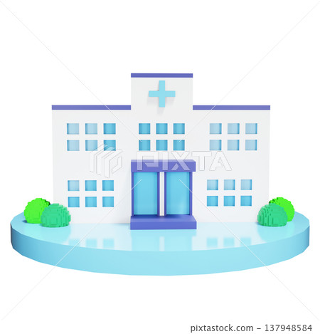 從正面看到的白色醫院的3D插圖。 137948584