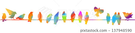 Silhouette colored of starlings on wires. Hand drawn. Not AI, vector illustration. 137948590