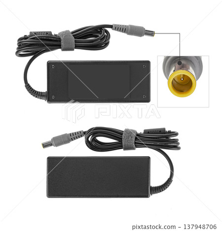 laptop power adapter, laptop accessory, on white background, collage 137948706