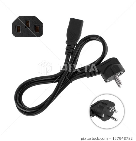 220 volt power cord with plug and connector for a computer power supply, on a white background 137948782