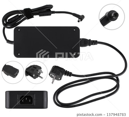 laptop power adapter, laptop accessory, on white background, collage laptop power adapter, laptop accessory, on white background, collage 137948783
