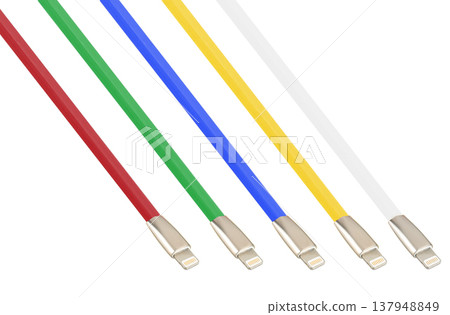 Cable and connector for USB, Type-C, Micro USB, Lightning, on a white background, collage 137948849