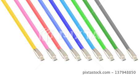 Cable and connector for USB, Type-C, Micro USB, Lightning, on a white background, collage 137948850