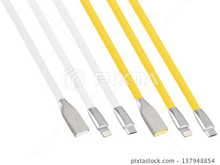 Cable and connector for USB, Micro USB, Lightning, on a white background, collage 137948854