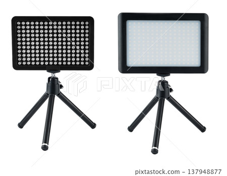 LED panel for video filming, LED lamp, on a white background on a tripod LED panel for video filming, LED lamp, on a white background on a tripod 137948877