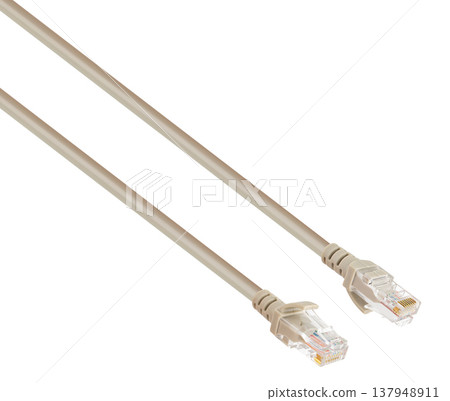 cable with RJ-45 connector, connector for wired internet connection, on a white background 137948911