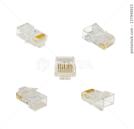 cable with RJ-45 connector, connector for wired internet connection, on a white background 137948915