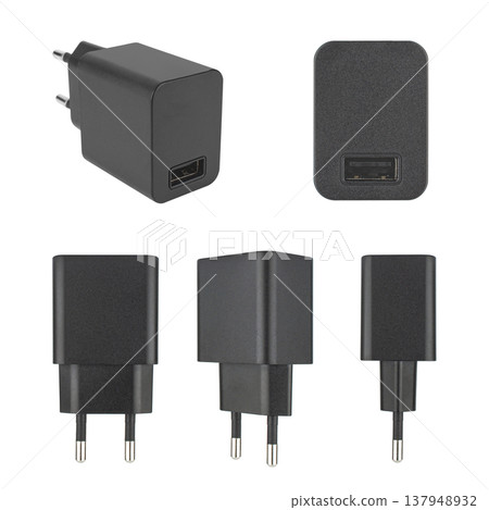 power adapter for phone tablet, black color, white background, collage 137948932