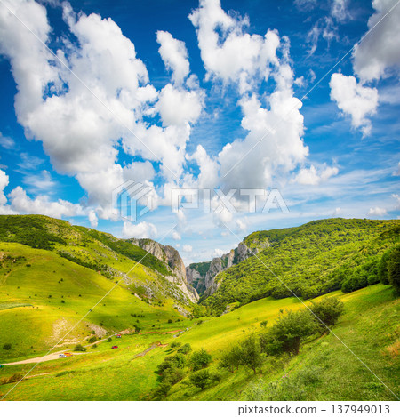 Captivating view of Turda Gorge (Cheile Turzii) natural reserve with marked trails for hikes on Hasdate river. Captivating view of Turda Gorge (Cheile Turzii) natural reserve with marked trails for hikes on Hasdate river. 137949013