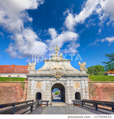 Captivating view at principal gate for entrance in medieval fortress of Alba Iulia (Carolina) 137949019