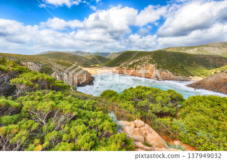 Remarkable view of valley Cala Domestica  with marvelous sand beach and ruines of old village 137949032