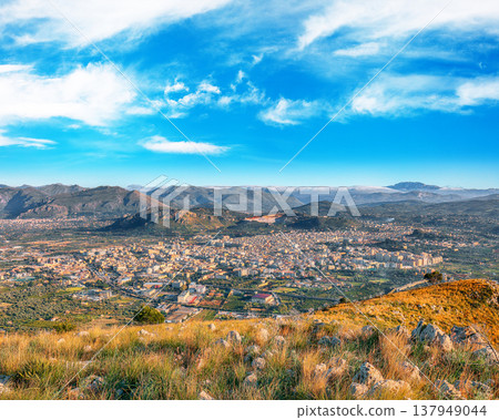 Remarkable morning cityscape of Bagheria town and national park Orientata Pizzo Cane. Remarkable morning cityscape of Bagheria town and national park Orientata Pizzo Cane. 137949044
