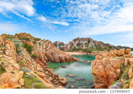 Remarkable view of Li Cossi beach on Costa Paradiso resort. Picturesque seascape of Mediterranean sea. 137949047