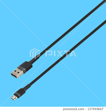 Cable with USB and micro USB connector, isolated on a blue background Cable with USB and micro USB connector, isolated on a blue background 137949667