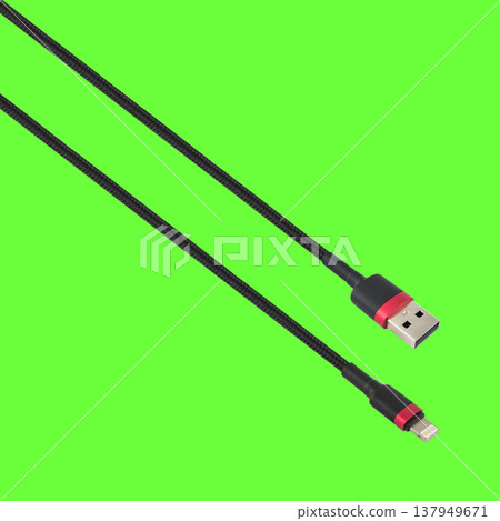 Cable with USB and Lightning connector, on a green background Cable with USB and Lightning connector, on a green background 137949671