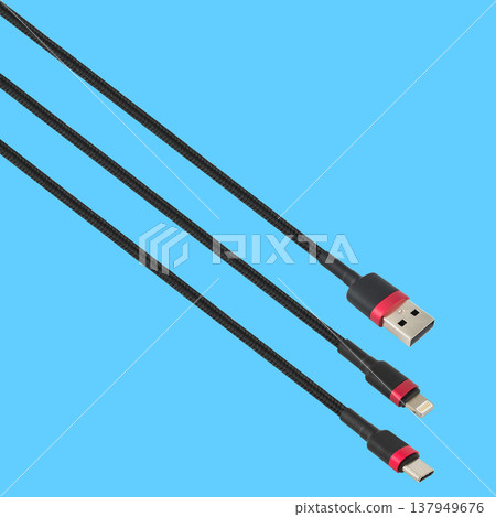 Cable with USB, Type-C and Lightning connector, on a blue background 137949676