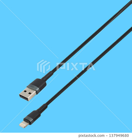 Cable with USB connector, and Lightning, on a blue background Cable with USB connector, and Lightning, on a blue background 137949680