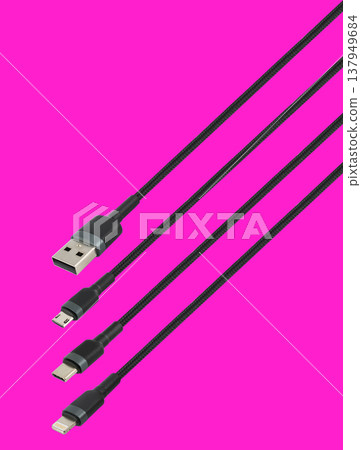 Cable with USB, micro USB, Lightning and Type-C connector, on a red background Cable with USB, micro USB, Lightning and Type-C connector, on a red background 137949684