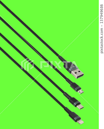 Cable with USB, micro USB, Lightning and Type-C connector, on a green background 137949686
