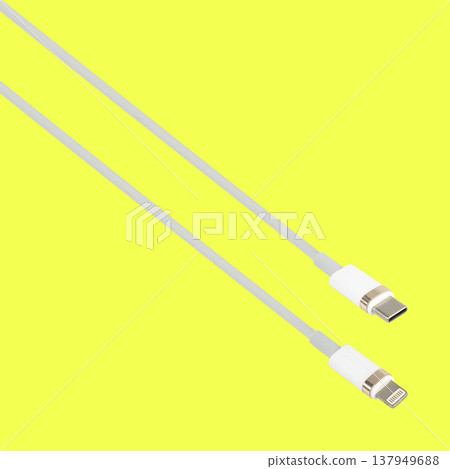cable with Type-C and Lightning connector, on a yellow background 137949688