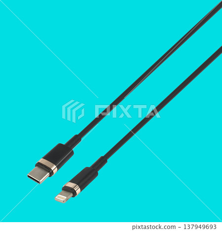cable with Type-C and Lightning connector, on a blue background cable with Type-C and Lightning connector, on a blue background 137949693