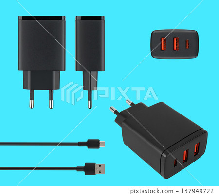 power adapter for phone tablet, accessory for phone, on a blue background, collage power adapter for phone tablet, accessory for phone, on a blue background, collage 137949722