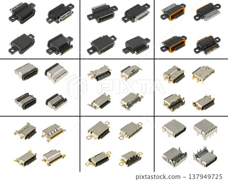 Type-C socket connector, spare part for phone, tablet, computer, on white background, collage Type-C socket connector, spare part for phone, tablet, computer, on white background, collage 137949725