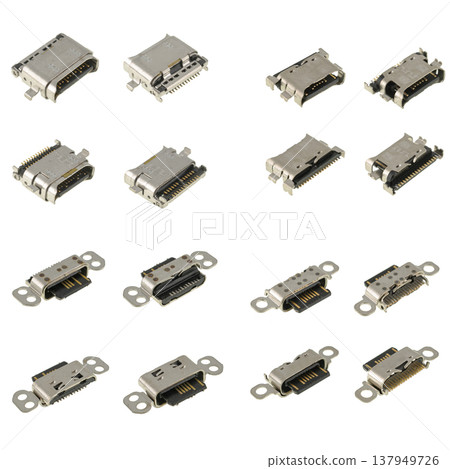 Type-C socket connector, spare part for phone, tablet, computer, on white background, collage Type-C socket connector, spare part for phone, tablet, computer, on white background, collage 137949726