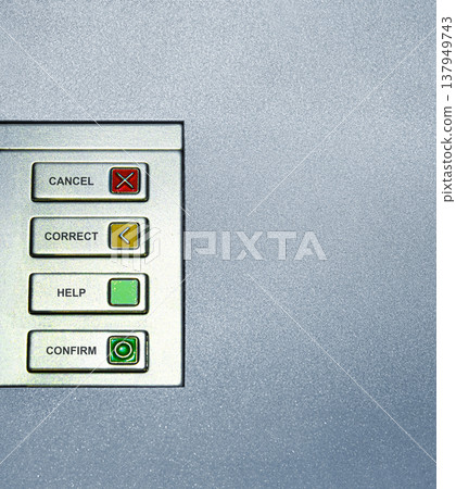 Clean and minimalistic macro of metallic ATM interface panel labeled in English.showing four function buttons with colored symbols cancel, back, confirm, and enter. Clean and minimalistic macro of metallic ATM interface panel labeled in English.showing four function buttons with colored symbols cancel, back, confirm, and enter. 137949743