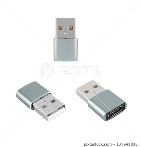 USB Type-C adapter, in three projections, on a white background 137949836