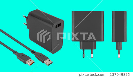 power adapter for tablet laptop, laptop accessory, on blue background 137949855