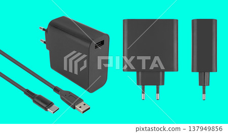 power adapter for phone tablet, accessory for phone, on blue background 137949856