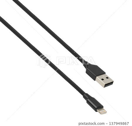 cable with USB and Lightning connector, on white background cable with USB and Lightning connector, on white background 137949867