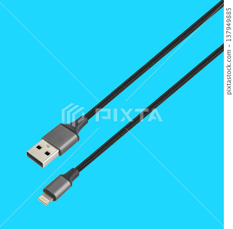 cable with USB and Lightning connector, on a blue background cable with USB and Lightning connector, on a blue background 137949885