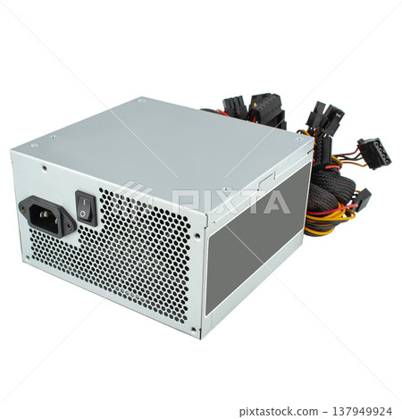power supply for pc, spare part for computer, on white background power supply for pc, spare part for computer, on white background 137949924