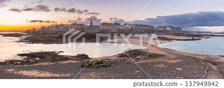 Panoramic sunrise view of Saint Malo old town coastline in Brittany France 137949942