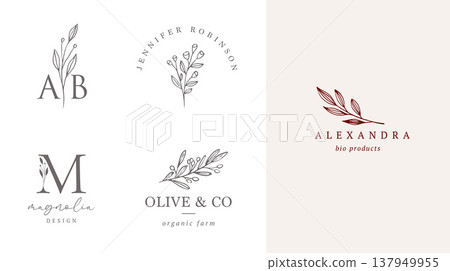 Minimalist vintage botanical logo set with initials monogram and floral line art elements Minimalist vintage botanical logo set with initials monogram and floral line art elements 137949955