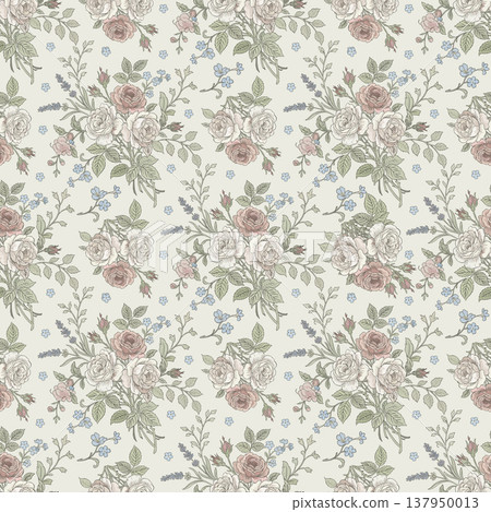 Toile de jouy vector seamless vintage floral pattern. Soft rose bouquets and forget-me-not flowers on light background 137950013
