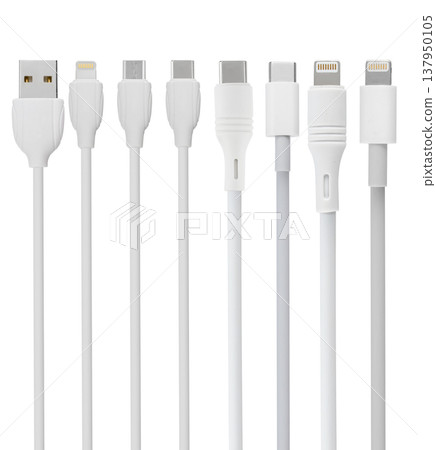 cable and connector for USB, Type-C, Micro USB, Lightning, on a white background, collage cable and connector for USB, Type-C, Micro USB, Lightning, on a white background, collage 137950105