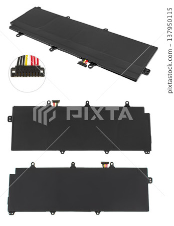 battery for a laptop, a spare part for a computer, on a white background battery for a laptop, a spare part for a computer, on a white background 137950115