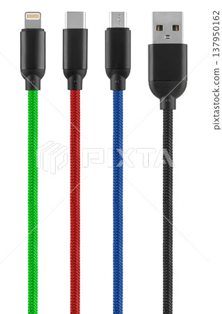 cable with Type-C microUSB USB Lightning connector, on white background 137950162