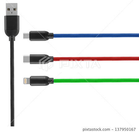 cable with Type-C microUSB USB Lightning connector, on white background 137950167
